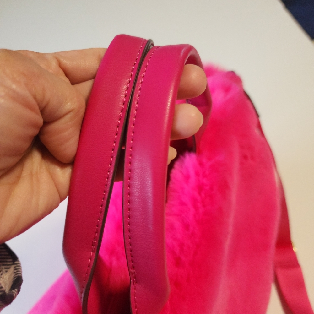 DKNY Hadlee Medium Tote Hot Pink Faux Fur with Shoulder Strap Bag - Picture 11 of 15